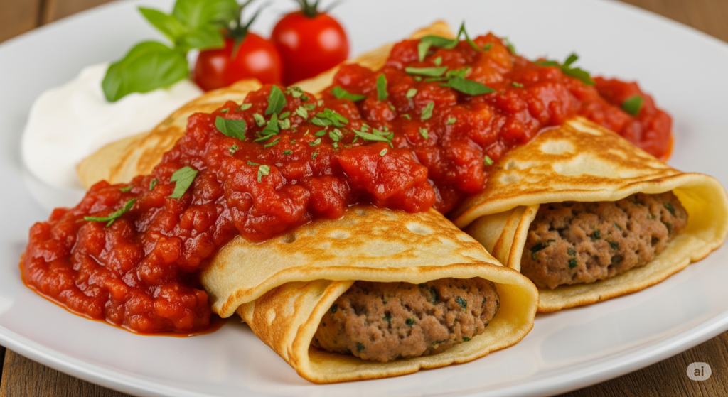 Naleśniki z mięsem mielonym i sosem pomidorowym