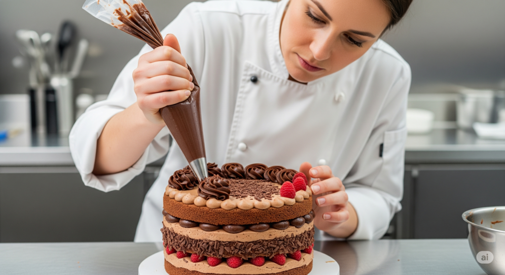 Cukiernik robiący ciasto czekoladowe w cukierni