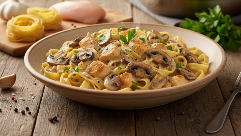Obraz pokazujący pierś z kurczaka w sosie pieczarkowym z makaronem