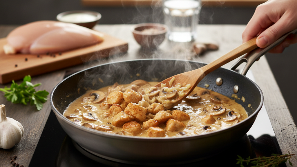 Obraz pokazujący osobę robiącą pierś z kurczaka w sosie pieczarkowym z makaronem