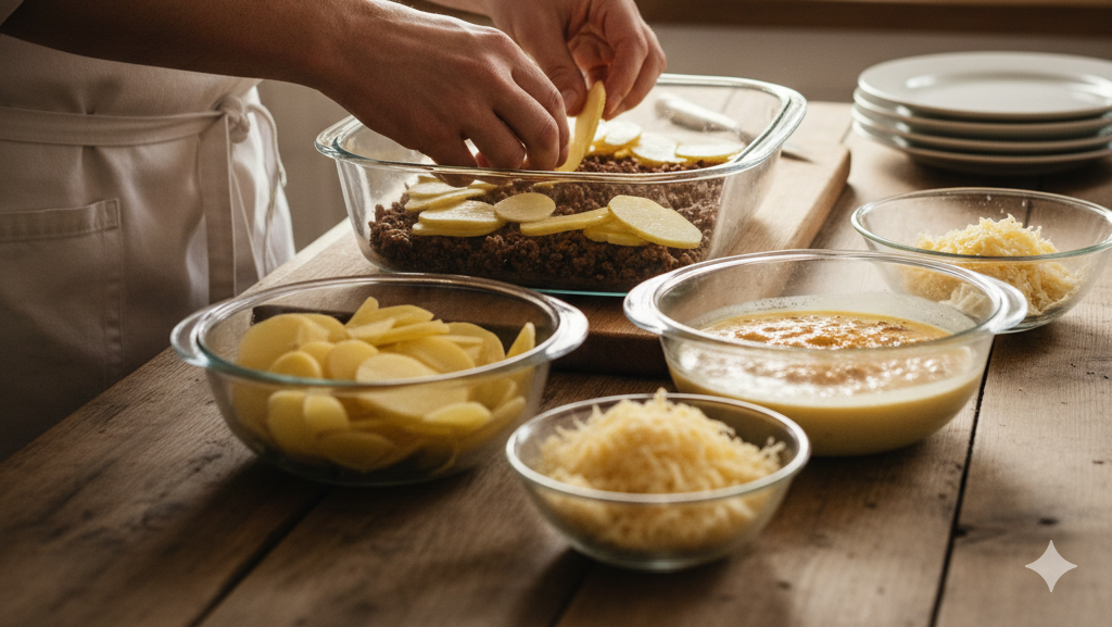 Obraz pokazujący osobę robiącą zapiekankę ziemniaczaną z mięsem mielonym