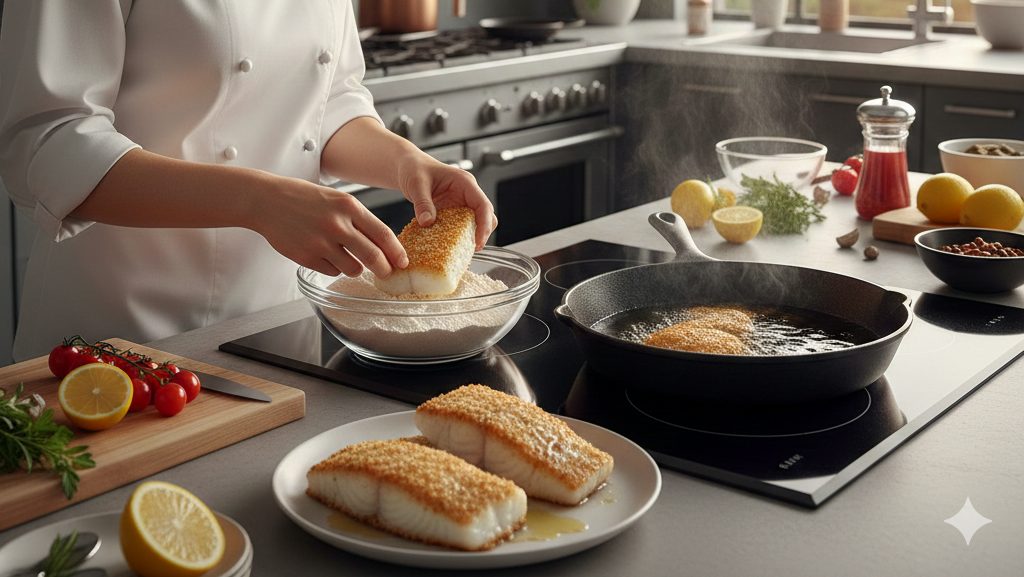 Obraz przedstawia jasną, nowoczesną kuchnię z widokiem na wybrzeże w tle