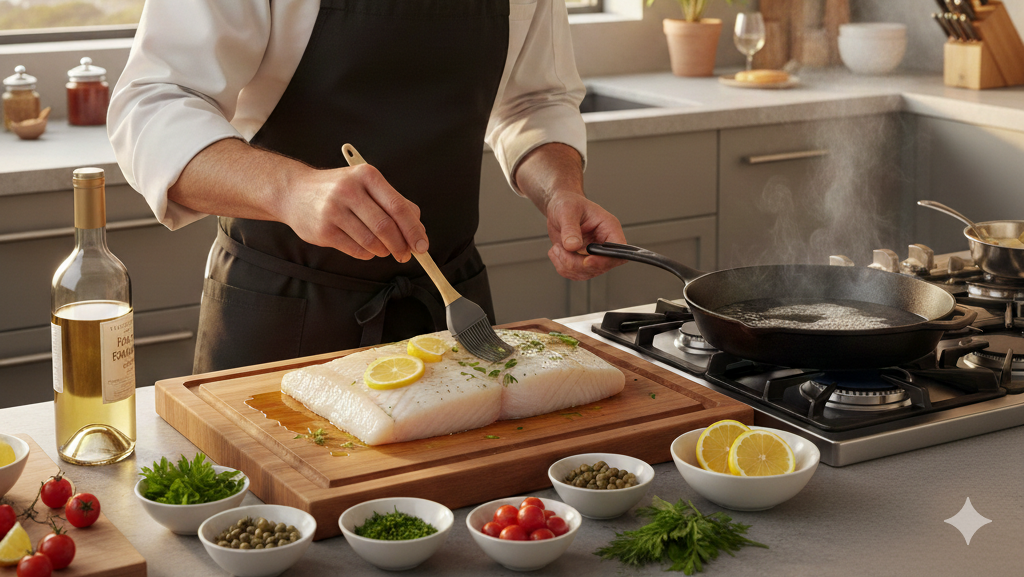 Obraz przedstawia profesjonalnego kucharza w nowoczesnej, jasnej kuchni z widokiem na wybrzeże