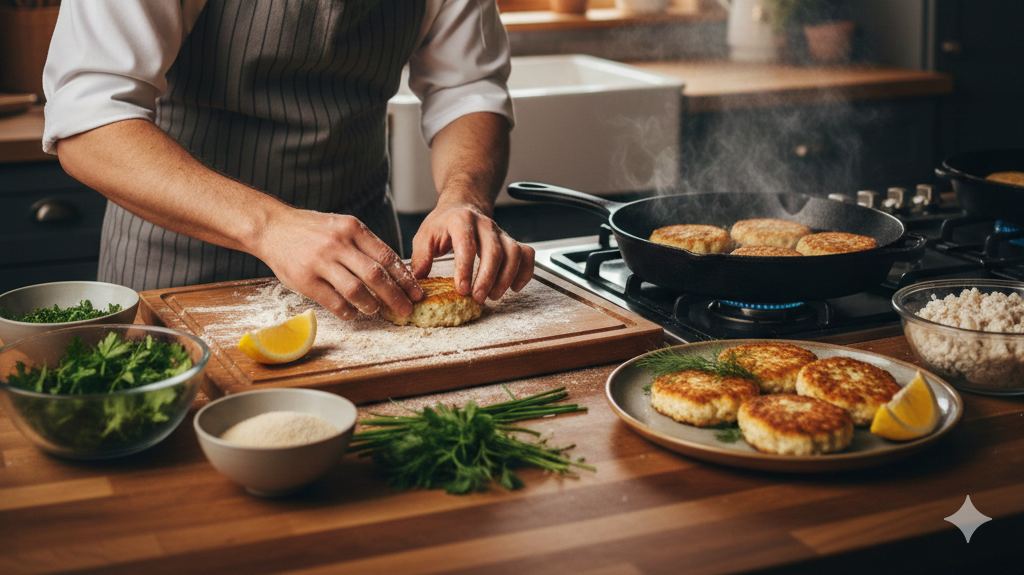 Obraz przedstawia uśmiechniętego kucharza w profesjonalnym stroju