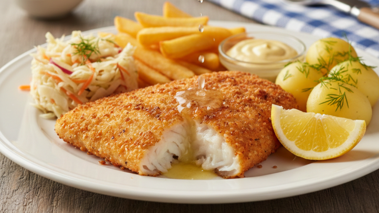 Grafika przedstawia apetyczne, realistyczne danie z dorszem w roli głównej, serwowane na białym talerzu