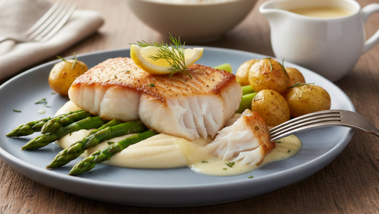 Obraz przedstawia apetycznie podane danie z halibutem w roli głównej, uchwycone w ciepłym, naturalnym świetle na drewnianym stole