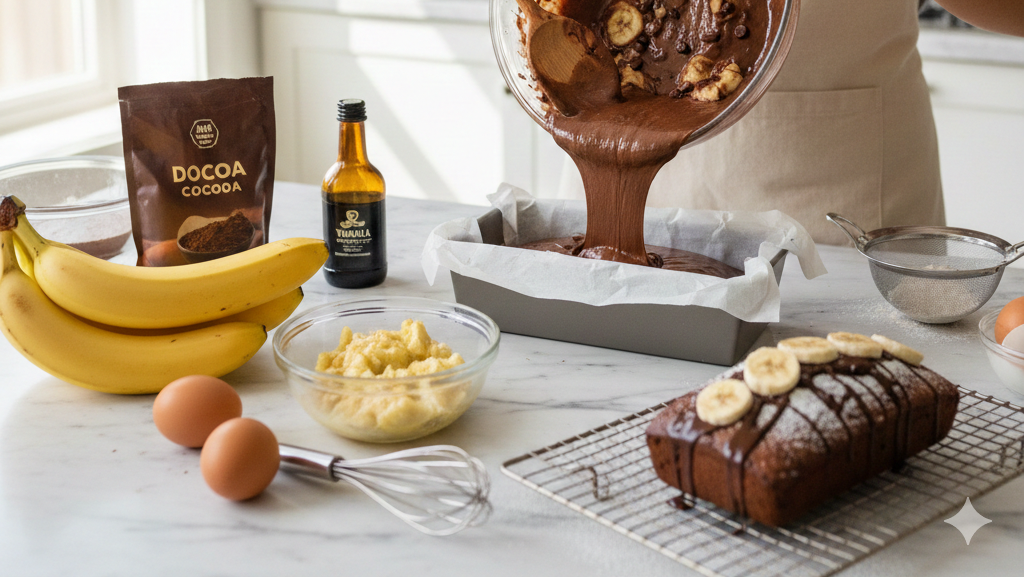 Na obrazku widzimy uśmiechniętą osobę (widoczną od ramion w dół) ubraną w jasny fartuch, która przygotowuje wilgotne ciasto czekoladowe z bananami