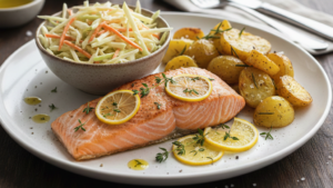 Obraz przedstawia apetyczne, starannie podane danie obiadowe, serwowane na dużym, jasnym talerzu