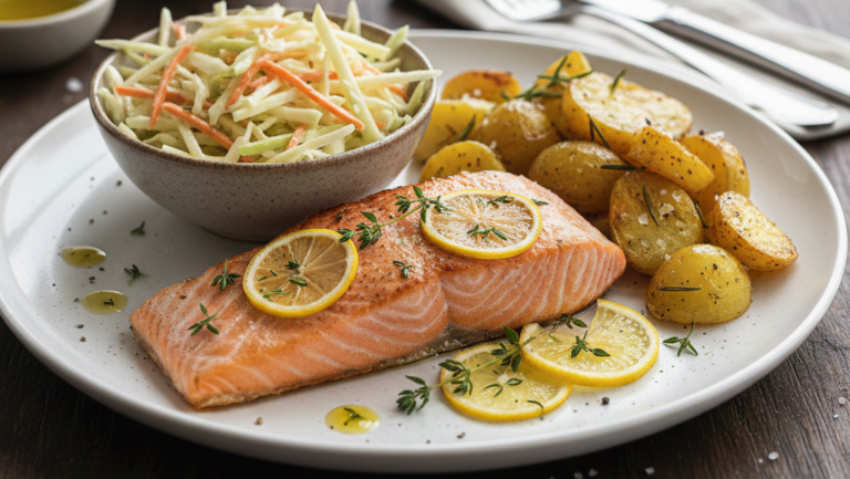 Obraz przedstawia apetyczne, starannie podane danie obiadowe, serwowane na dużym, jasnym talerzu