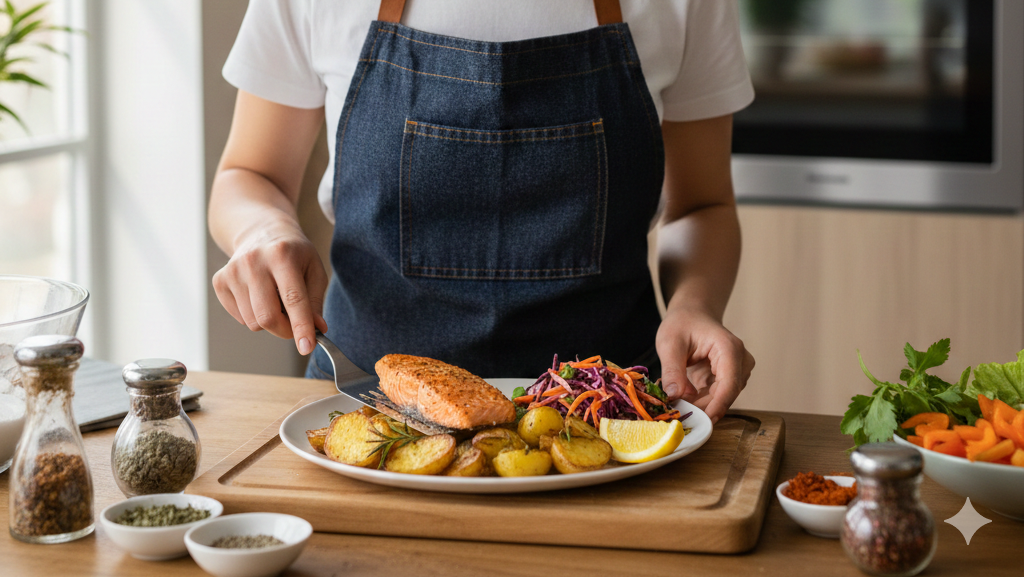 Na obrazku widzimy uśmiechniętą kobietę w jasnej kuchni, która z dumą prezentuje przygotowany przez siebie posiłek