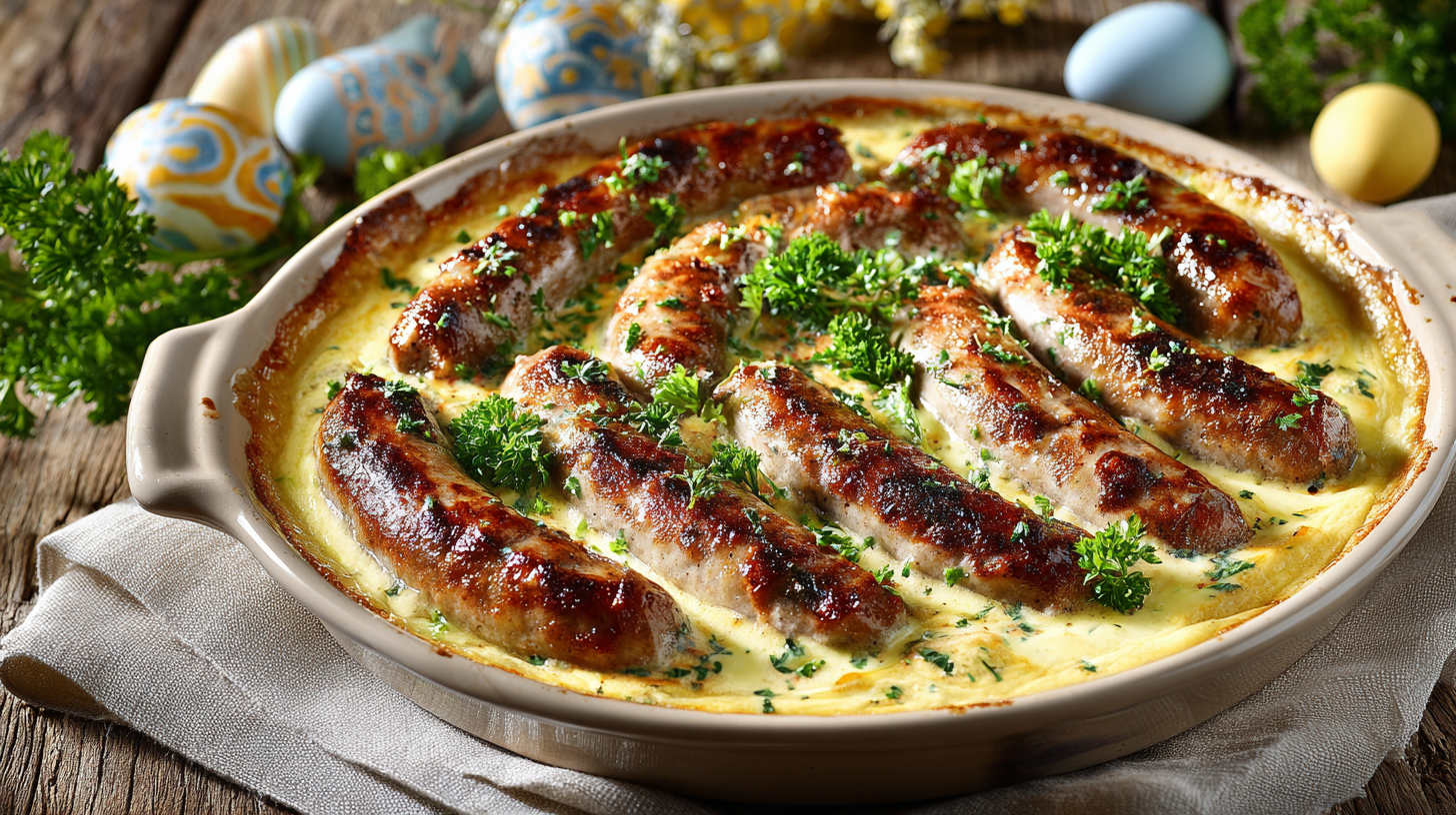 Pieczona biała kiełbasa w sosie chrzanowym – wielkanocny klasyk w aromatycznym wydaniu