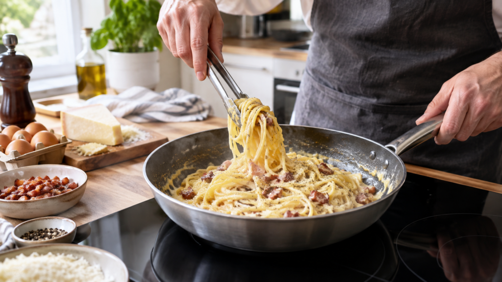 Na zdjęciu widać osobę przygotowującą makaron carbonara w domowej kuchni