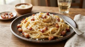 Na obrazku widać realistycznie przedstawioną, gotową porcję włoskiego makaronu carbonara, podanego na rustykalnym, ciemnym talerzu