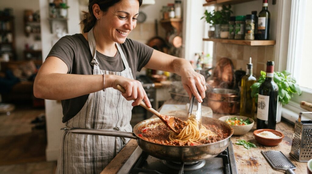 Na tym obrazie widać uśmiechniętą kobietę w jasnym fartuchu, która z zaangażowaniem przygotowuje domowe spaghetti bolognese w przytulnej, jasnej kuchni