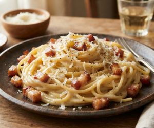 Na obrazku widać realistycznie przedstawioną, gotową porcję włoskiego makaronu carbonara, podanego na rustykalnym, ciemnym talerzu