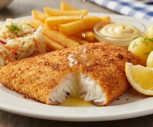 Grafika przedstawia apetyczne, realistyczne danie z dorszem w roli głównej, serwowane na białym talerzu