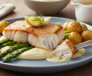 Obraz przedstawia apetycznie podane danie z halibutem w roli głównej, uchwycone w ciepłym, naturalnym świetle na drewnianym stole