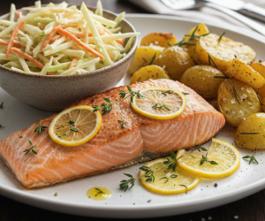 Obraz przedstawia apetyczne, starannie podane danie obiadowe, serwowane na dużym, jasnym talerzu