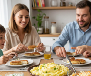 Grafika ukazuje jasną, przytulną jadalnię wypełnioną ciepłym, naturalnym światłem