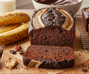 Obraz przedstawia apetyczne, domowe ciasto czekoladowe z bananami, ułożone na drewnianej desce w jasnej, przytulnej kuchni