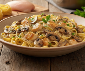 Obraz pokazujący pierś z kurczaka w sosie pieczarkowym z makaronem